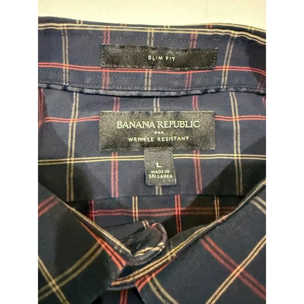 Banana Republic Slim Fit Wrinkle Resistant Plaid Button Up Shirt Men’s L Navy